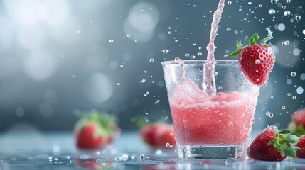 Strawberry juice being poured into a frosty glass, with condensation droplets emphasizing its cool and refreshing quality.