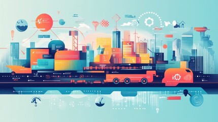 Abstract Futuristic Cityscape with Truck and Technology Elements