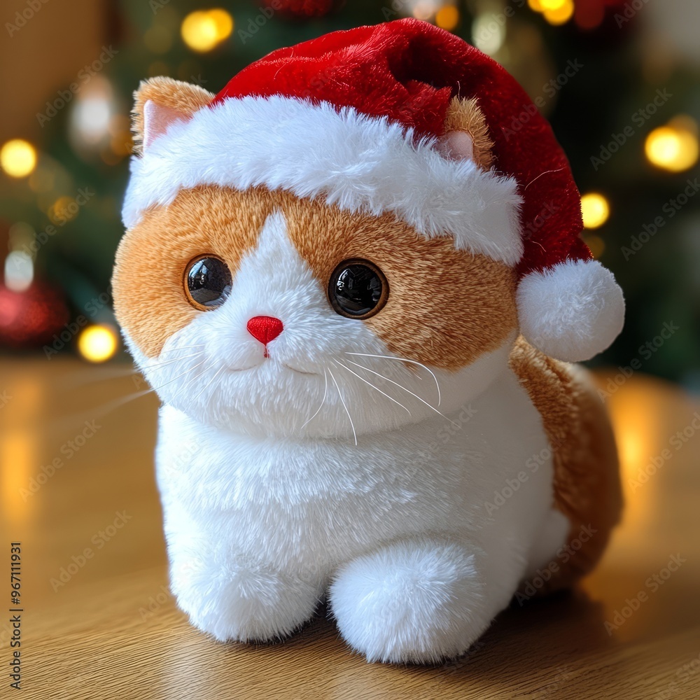 Poster A plush white and orange cat wearing a red Santa hat, sitting on a wooden table with a Christmas tree in the background.