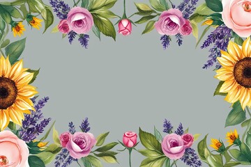 Stunning Watercolor Floral Border with Sunflowers Roses and Lavender for Botanical Card Designs