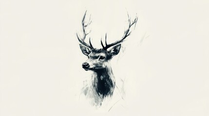 Black and White Sketch of a Deer's Head with Antlers