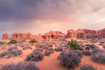 The Window Arch section in the Arches National Park at sunrise, Utah USA