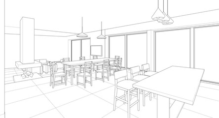 interior kitchen living room 3d illustration	
