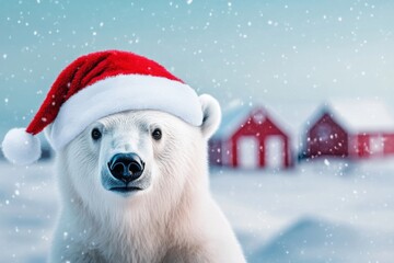 Fototapeta premium Polar Bear Wearing Santa Hat in Snowy Landscape