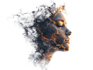 a woman's face with a fire in the background