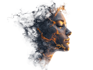 a woman's face with a fire in the background