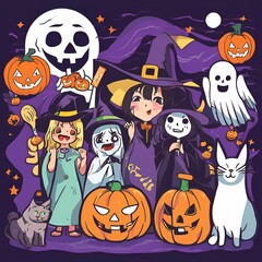 Playful Halloween Party with Witches, Ghosts, Pumpkins, and Cats in a Fun and Cute Cartoon Style