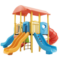 Brightly colored playground equipment with slides and climbing features at a community park during sunny weather