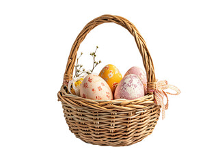 a basket with eggs and flowers