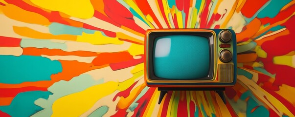 Retro television with vibrant colorful abstract background, concept of nostalgia and pop art