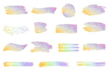 Set of brush strokes with multi colored glitter. Rainbow gradient paint strokes. Colorful rainbow backgrounds