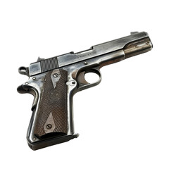 A close-up view of a vintage silver pistol on a transparent background, showcasing its design and craftsmanship