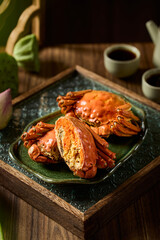 Cooked crabs on a table indoors, interior photography, close up