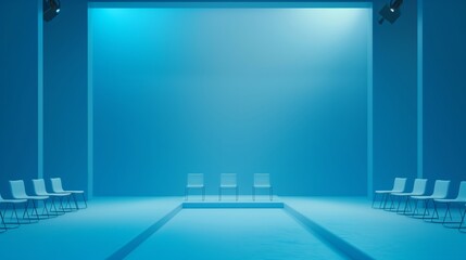 Modern Minimalist Auditorium Setup with Blue Lighting for Conferences, Presentations, and Fashion Shows