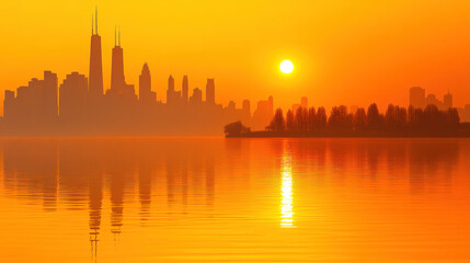 Obraz premium A city skyline is reflected in the water as the sun sets