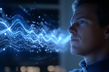 Obraz premium Sensory amplification neuroacoustics sensory transmission and bio neural feedback man focusing on blue sound waves visualizing auditory energy and cognitive sound processing