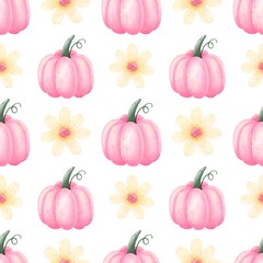 Cute halloween watercolor seamless design.Flowers print.Colored pumpkins.Happy Halloween

