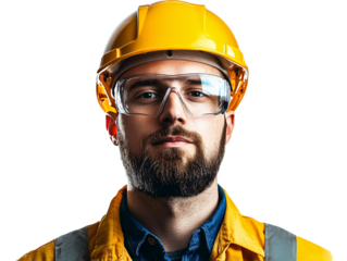 a man wearing a yellow hard hat and safety glasses