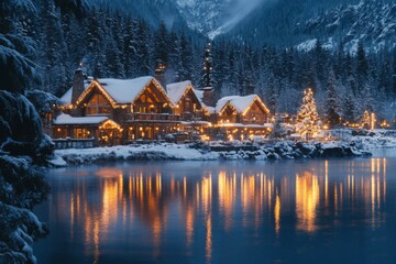 Fototapeta premium Illuminated Cabin in Snowy Forest with Water Reflection
