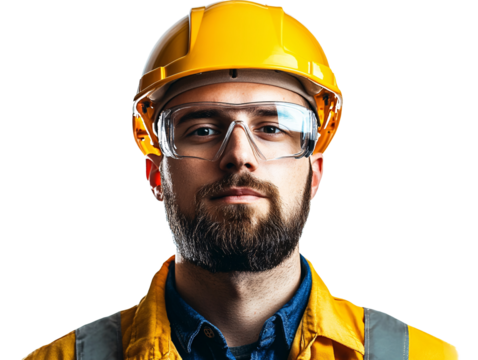 a man wearing a yellow hard hat and safety glasses