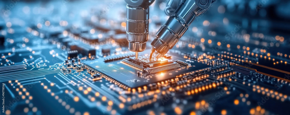 Poster a computer chip is being worked on by a robot. the robot is using a tool to make a connection betwee