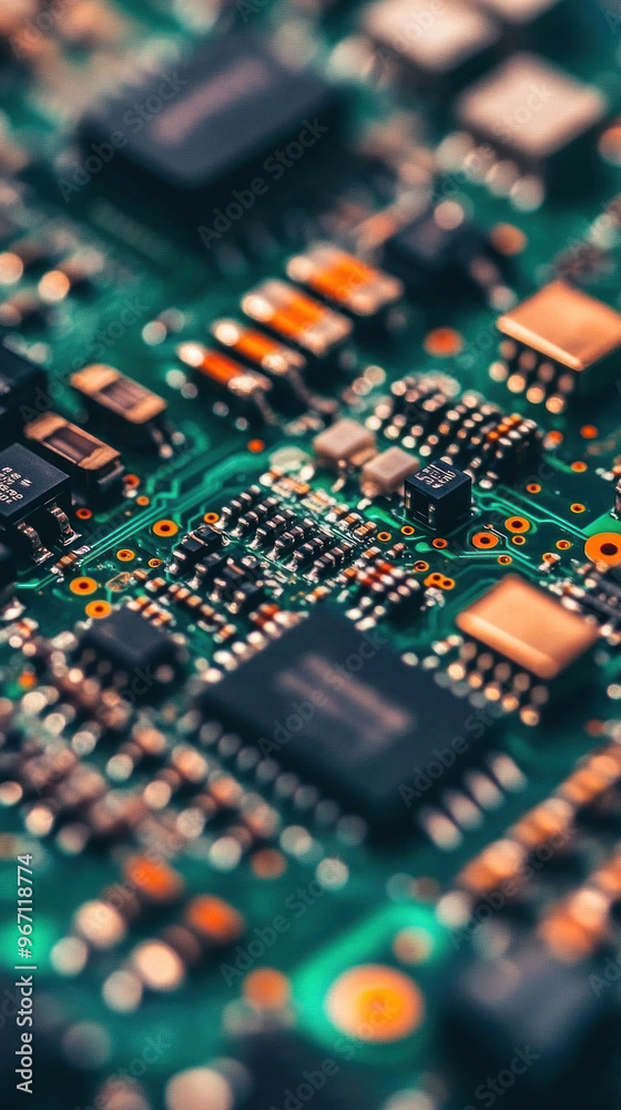 Poster a close up of a circuit board with many small components. concept of complexity and intricacy, as th