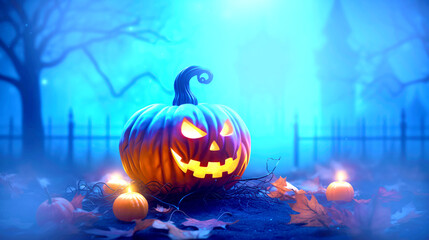 Naklejka premium Background for Halloween party, full moon in autumn forest,