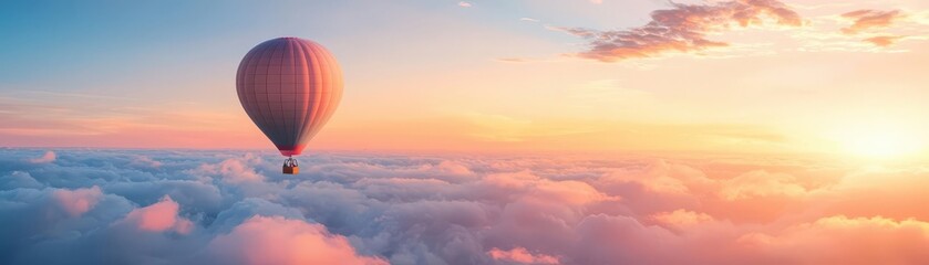 Obraz premium A serene hot air balloon soaring above fluffy clouds at sunset, creating a picturesque sky filled with vibrant colors.