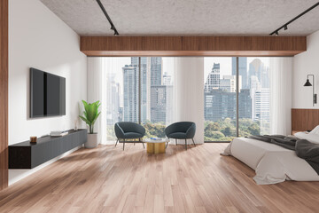 A modern bedroom interior featuring a large bed, flat-screen TV, and two chairs with a table. The room has floor-to-ceiling windows with a city view, home design. 3D Rendering