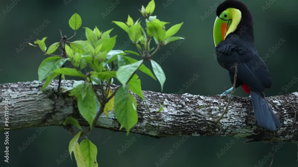 Wall mural Mexico wildlife. Keel-billed Toucan, Ramphastos sulfuratus, bird with big bill sitting on branch in the forest,  Yucatan. Nature travel in central America. Beautiful bird in nature habitat.