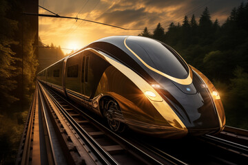 Obraz premium Modern high speed train on the railway at sunset. 3d rendering