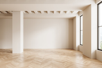 Modern empty living room interior and panoramic window on skyscrapers