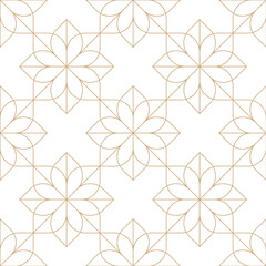 Gold and white line flowers seamless vector pattern. Geometric linear tile pattern.Oriental art deco texture background.