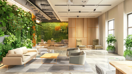 Office with a lush living green wall, natural light and ergonomic furniture.