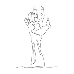 Continuous single line sketch drawing of zombie monster hand finger rising from cemetery graveyard tomb