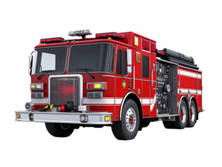 a red fire truck with lights and a white background