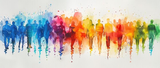 abstract watercolor illustration of people with rainbow lgbt pride parade concept