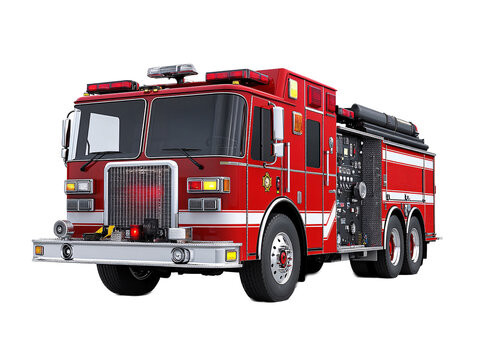 a red fire truck with lights and a white background