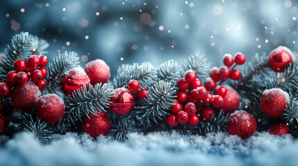Christmas background with red berries, frosted greenery, cozy winter backdrop. Generative AI