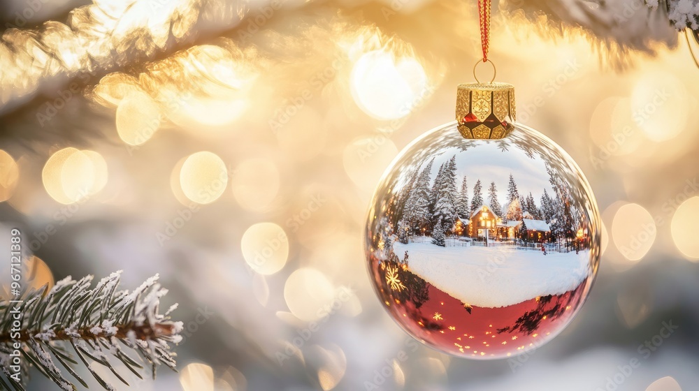 Wall mural A red Christmas ornament with a snowy winter scene reflected in it hangs on a Christmas tree branch.