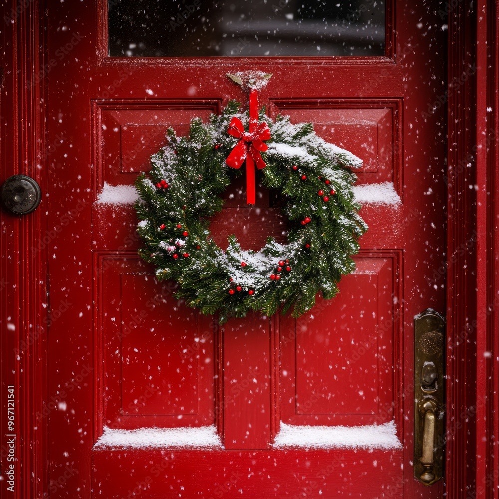 Sticker A red door with a Christmas wreath decorated with a red bow. Snowflakes fall on the door and wreath.