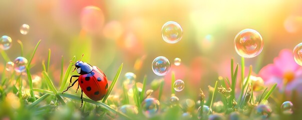 Ladybug on Grass with Rainbow Bubbles in Sunlight