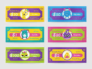 Colorful play money for kids games featuring fun characters and various denominations displayed on a vibrant background