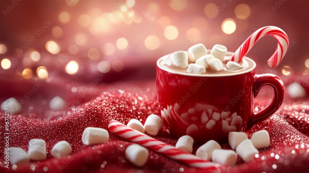 Wall mural A red mug filled with hot chocolate, topped with marshmallows and a candy cane, sits on a red sparkly surface with scattered marshmallows and candy canes.