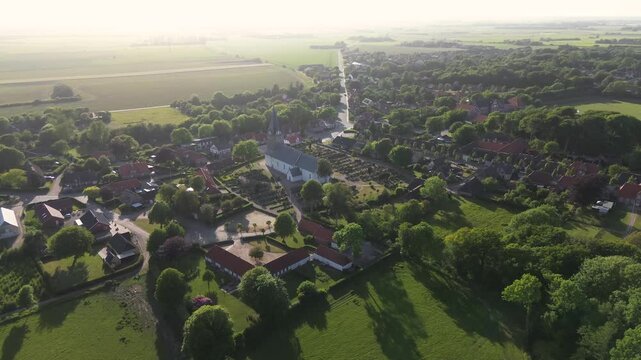 Drone sunrise over Danish countryside village