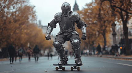 Naklejka premium Medieval skateboarder riding on a skateboard