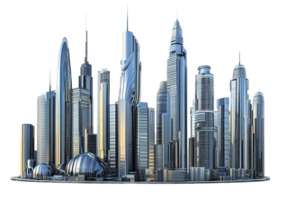 a city skyline with many tall buildings