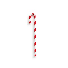 A red and white striped candy cane with a slight curve, isolated on white.