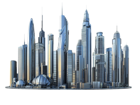 a city skyline with many tall buildings