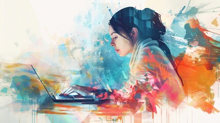 Obraz premium 72. Detailed collage template of a lady employee searching for job offers on a netbook, blending painting and digital elements to illustrate the concept of recruitment and hiring